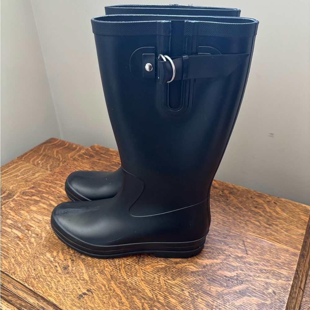 Black Tall Rain Boots with Buckle Detail